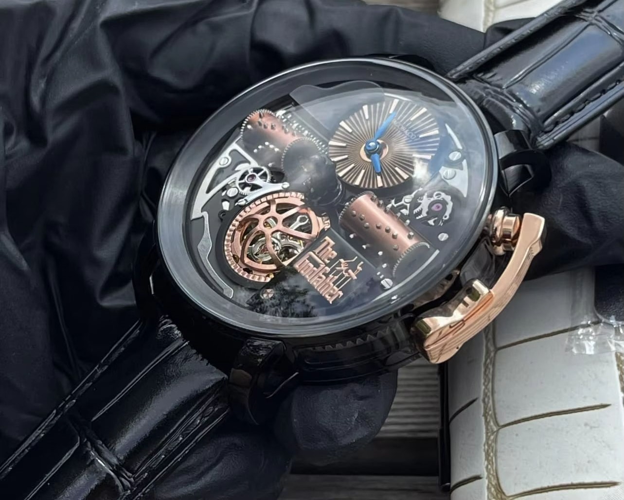 Jacob Co Men's Mechanical Automatic Watch with Steel Case and Genuine Leather Strap Opera Godfather Musical Dial 87135 Movement